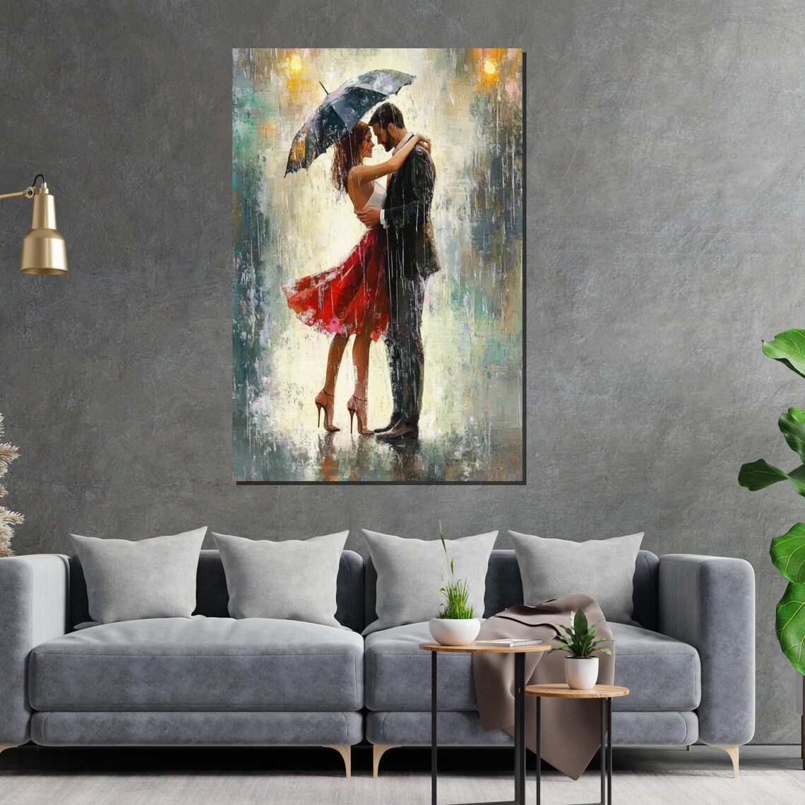 Romantic Couple Under Umbrella in the Rain Red Dress Art Poster - Image 2
