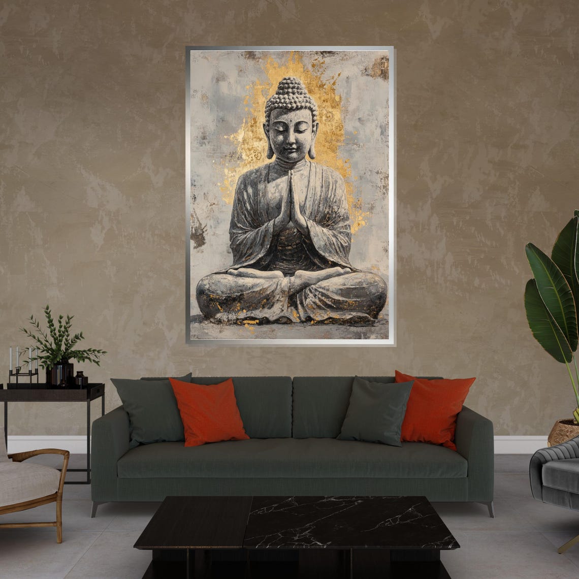 Monochrome Buddha Praying Hands Gold Halo Spiritual Art Poster - Image 4
