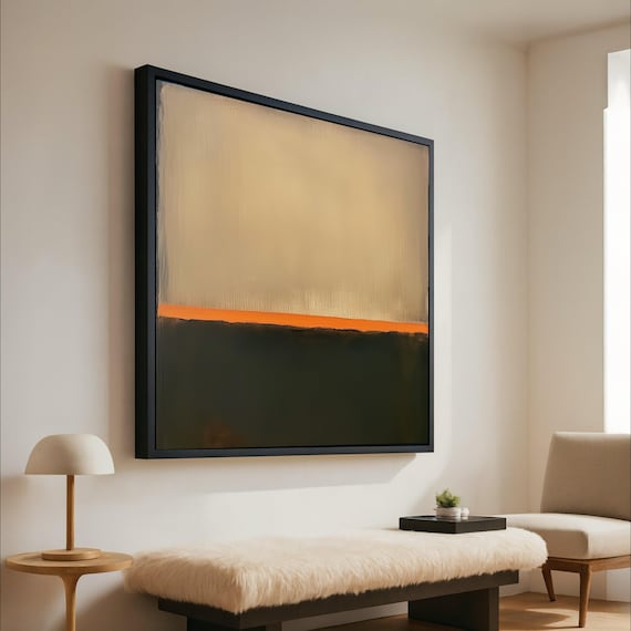 Mark Rothko Inspired No 12 Beige And Dark Green Canvas Abstract Color Block Wall Art Orange Accent Stripe Modern Ready To Hang