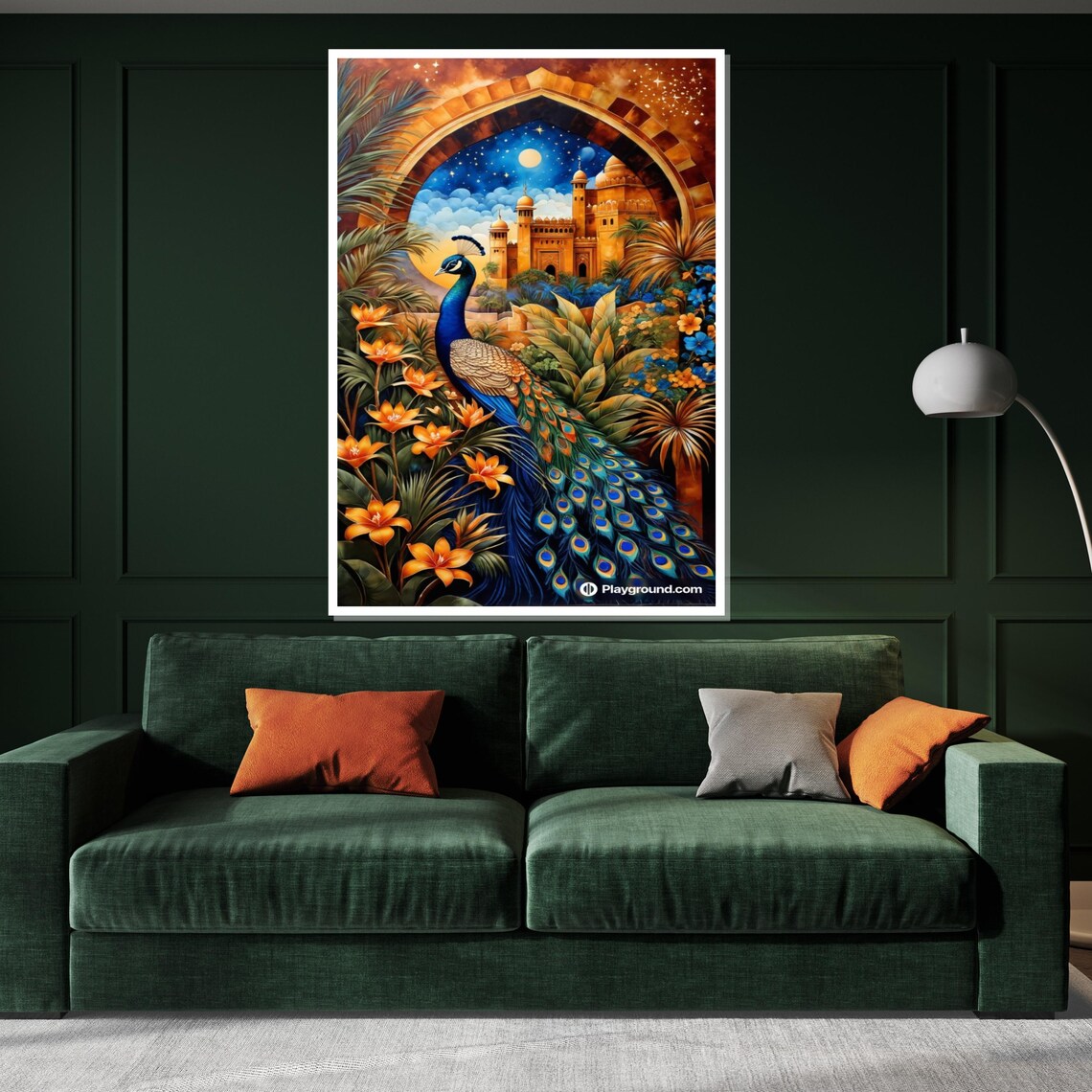 Peacock Palace Arch Night Orange Flowers Exotic Bird Art Poster - Image 3