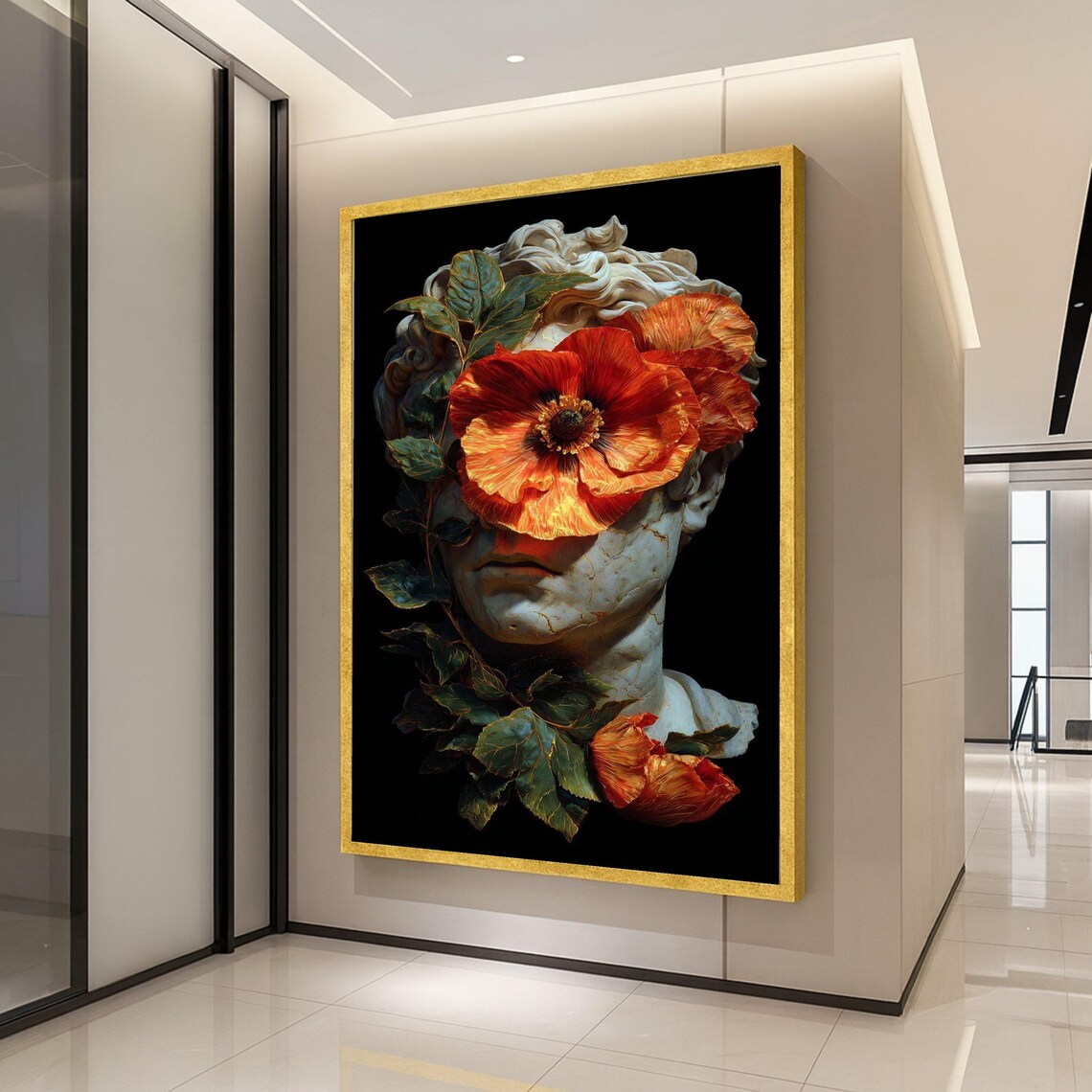 Classical Statue With Vibrant Orange Poppy Flowers Artistic Floral Wall Art