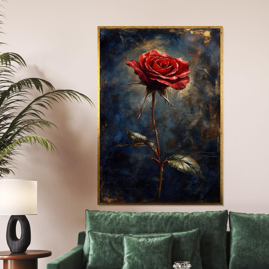 Single Red Rose Dark Moody Oil Painting Botanical Vivid Wall Art