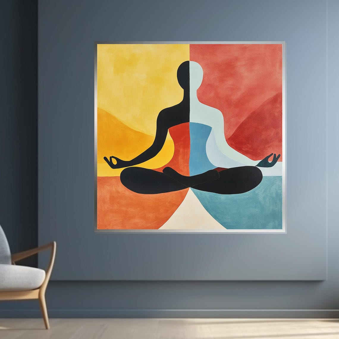 Split Black White Meditating Figure Colorful Abstract Art Poster - Image 4