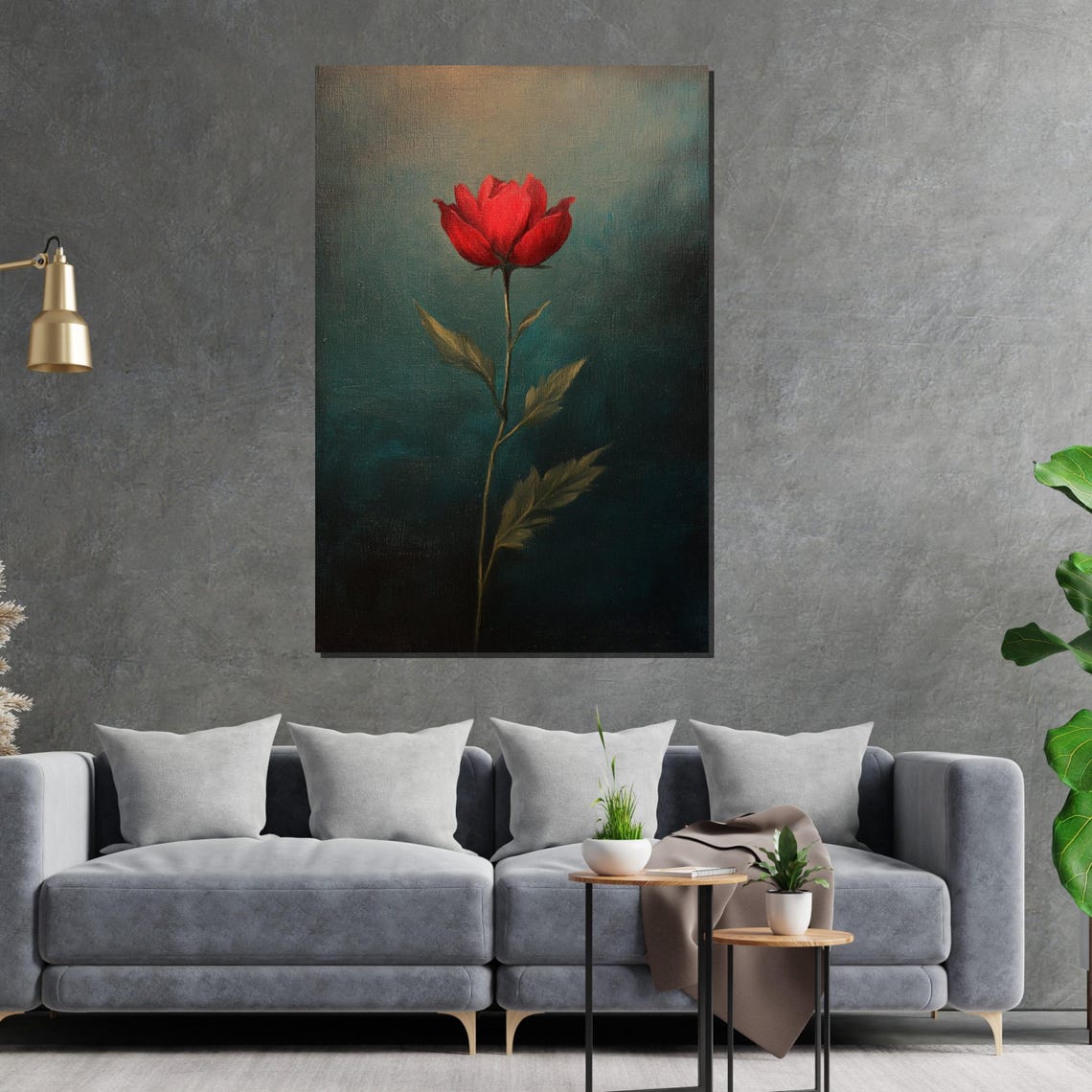 Single Red Rose On Deep Teal Moody Botanical Minimalist Wall Art - Image 2