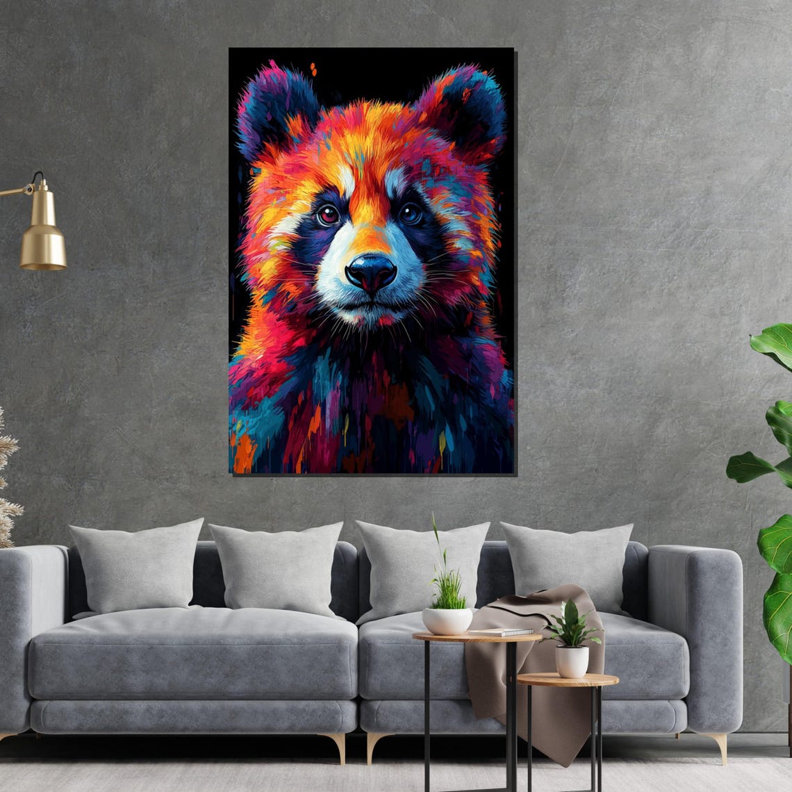 Colorful Panda Pop Art Neon Rainbow Portrait Black Background Print - Image 2