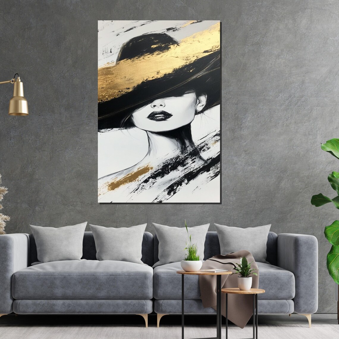 Mysterious Woman in Black Hat Gold Brushstroke Fashion Art Poster - Image 2