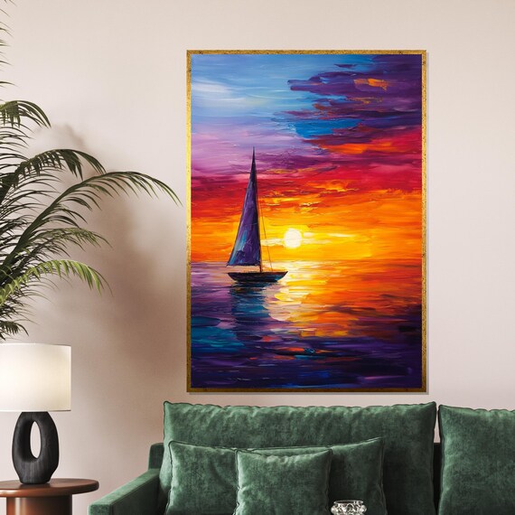 Solitary Sailboat at Vibrant Sunset Purple Orange Ocean Poster