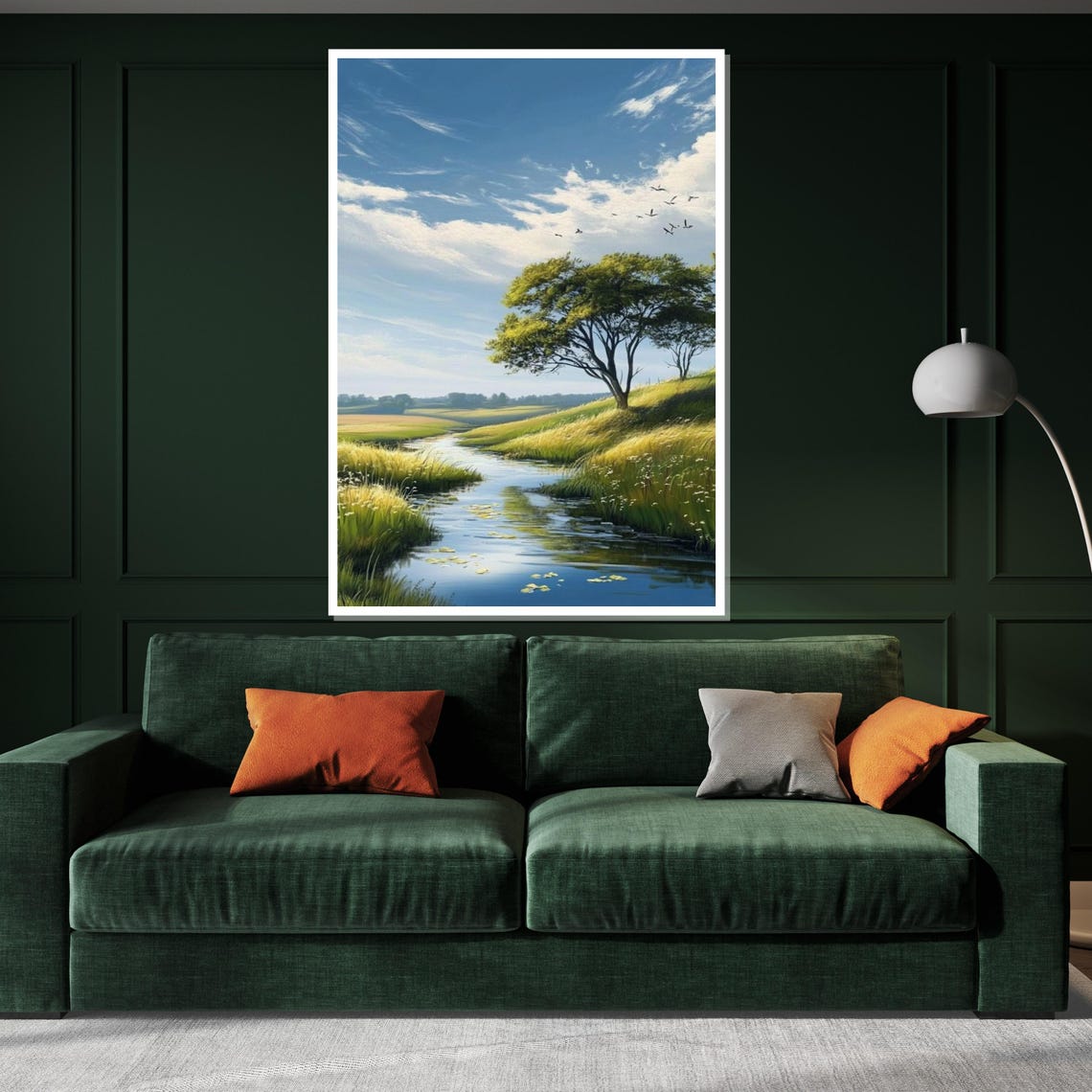 Tranquil River Meadow With Lone Tree and Birds Nature Poster - Image 3