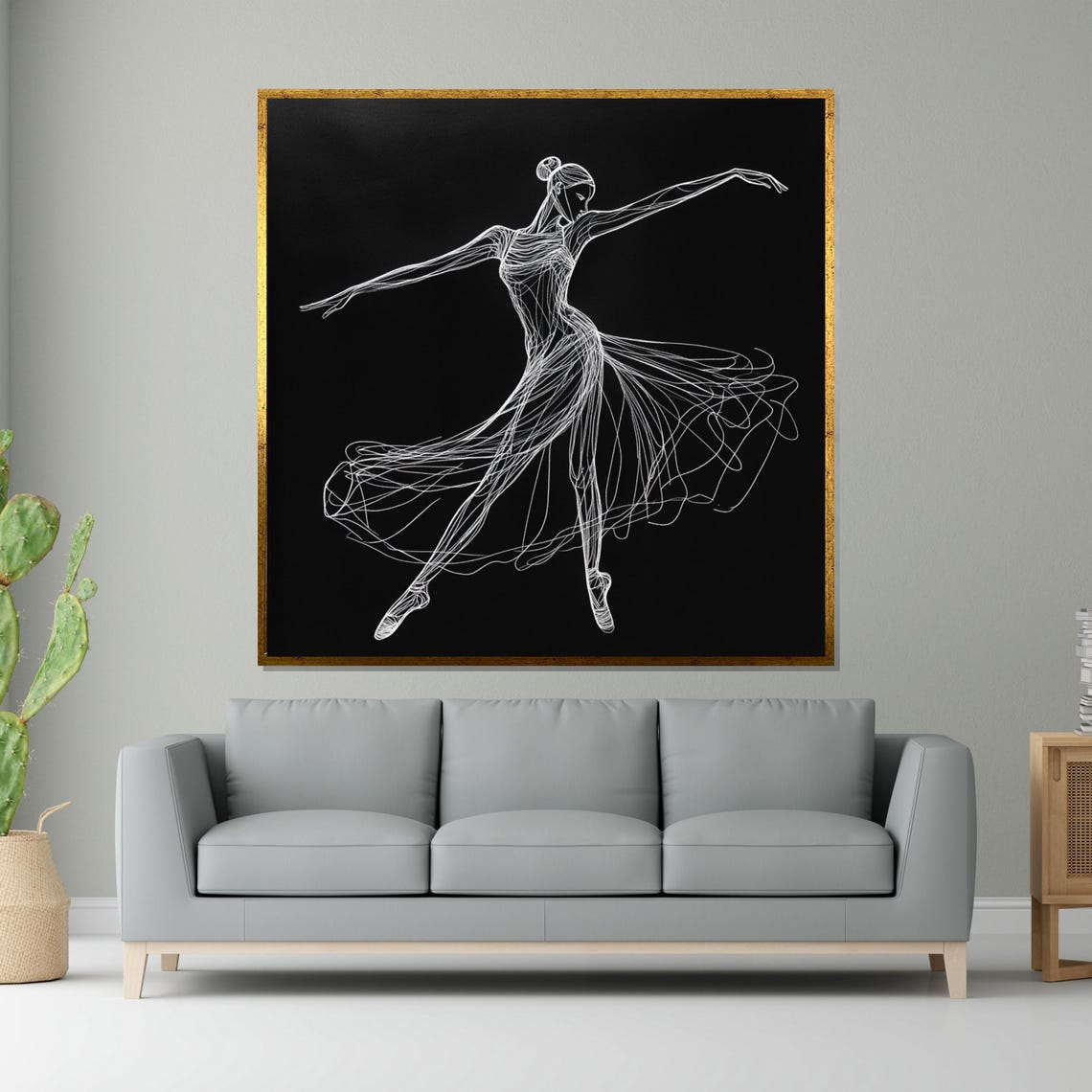 Elegant Ballerina White Line Art Black Background Minimal Poster