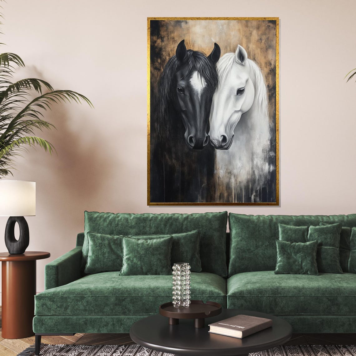 Black and White Horses Together Equine Contrast Decorative Poster