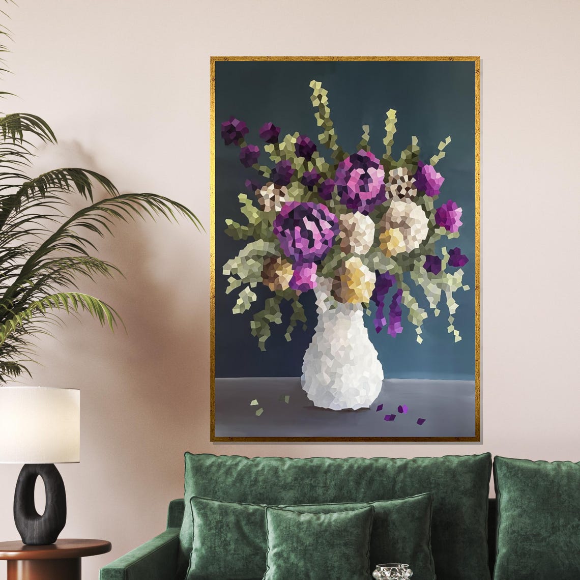 Abstract Mosaic Flower Bouquet White Vase Modern Floral Wall Art