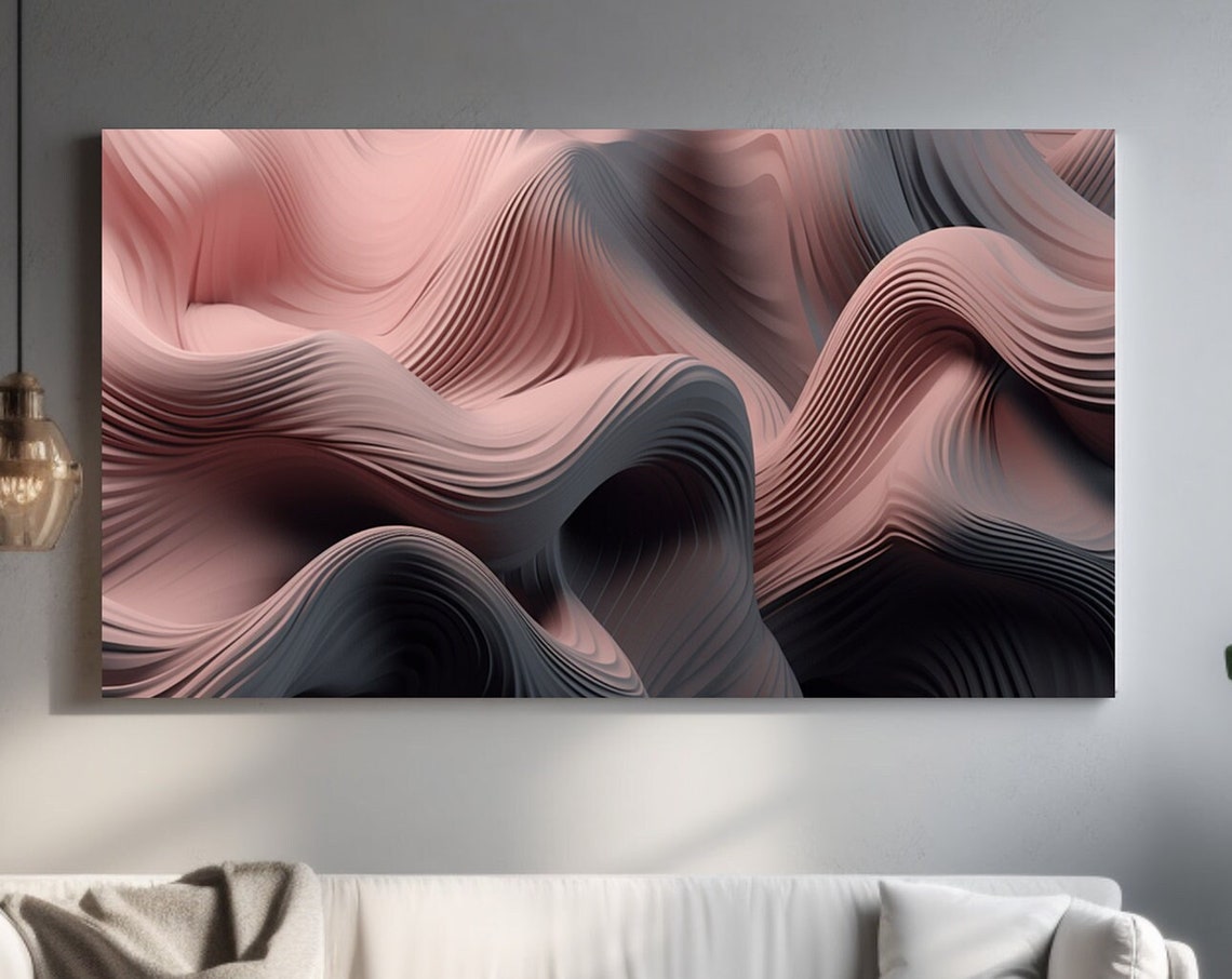 Pink Grey Flowing 3D Waves Abstract Modern Ribbed Art Poster