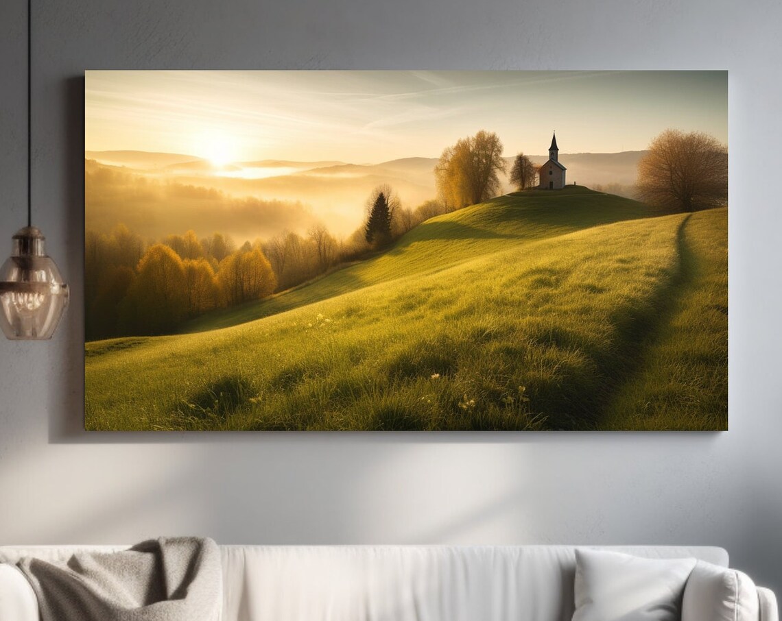 Hilltop Chapel Sunrise Golden Meadow Misty Valley Landscape Poster