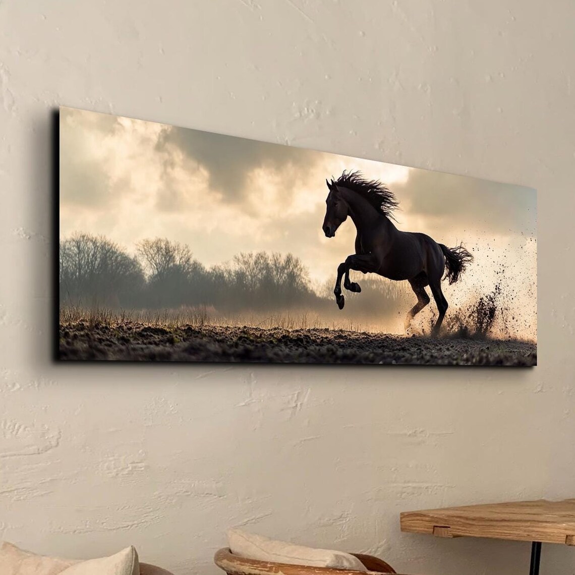 Black Stallion Rearing At Sunset Dusty Field Horse Power Poster