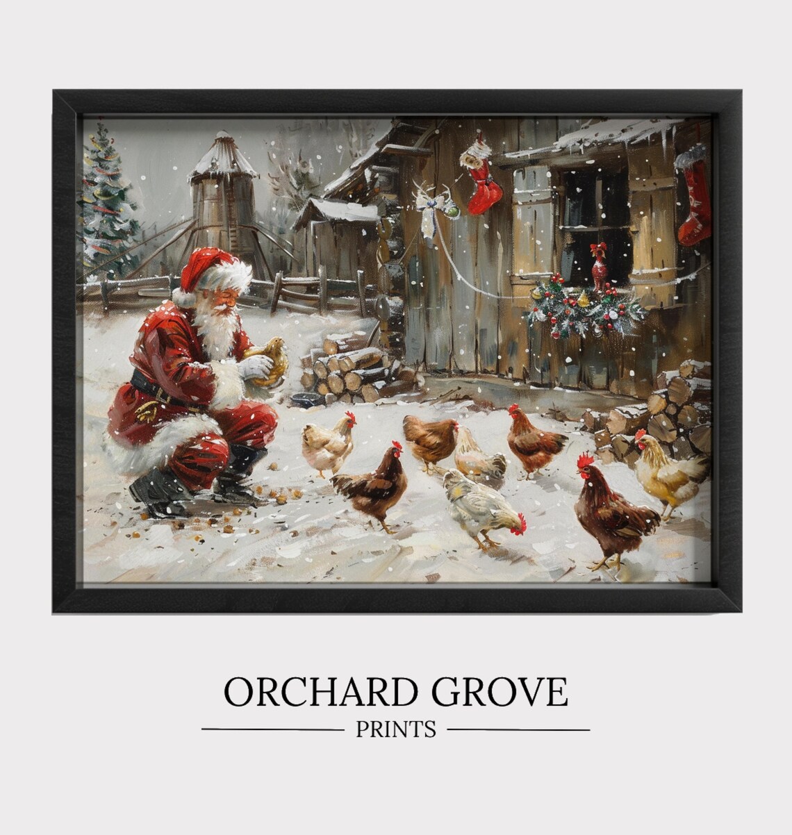 Santa Farm Print Santa Chickens Christmas Farm Art Cute Chicken Festive Animal Wall Art Holiday Farmhouse Decor 179 - Image 2