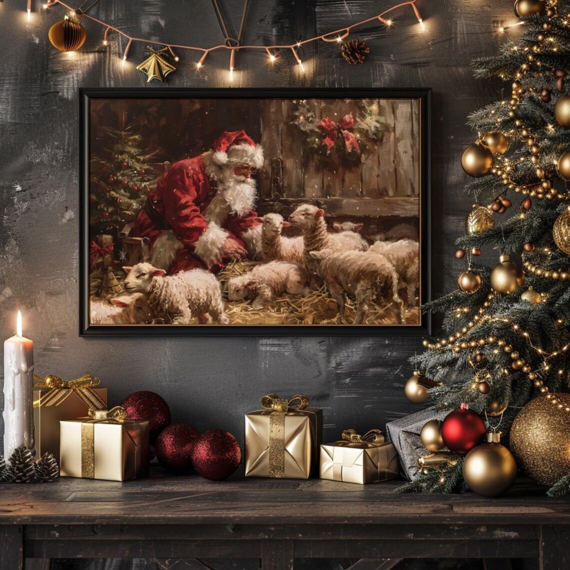 Santa Farm with Lambs, Vintage Christmas Art Print - Image 3