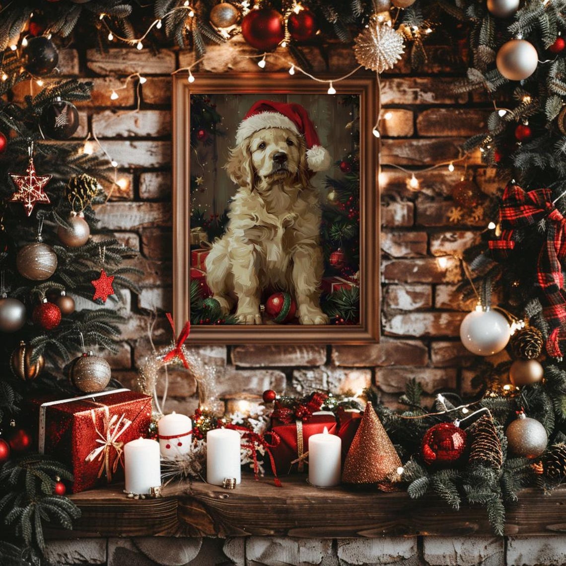 Christmas Dog Wall Art Print Santa Dog Painting Christmas Golden Retriever Christmas Puppy Christmas Holiday Decor Santa Pet 184 - Image 3