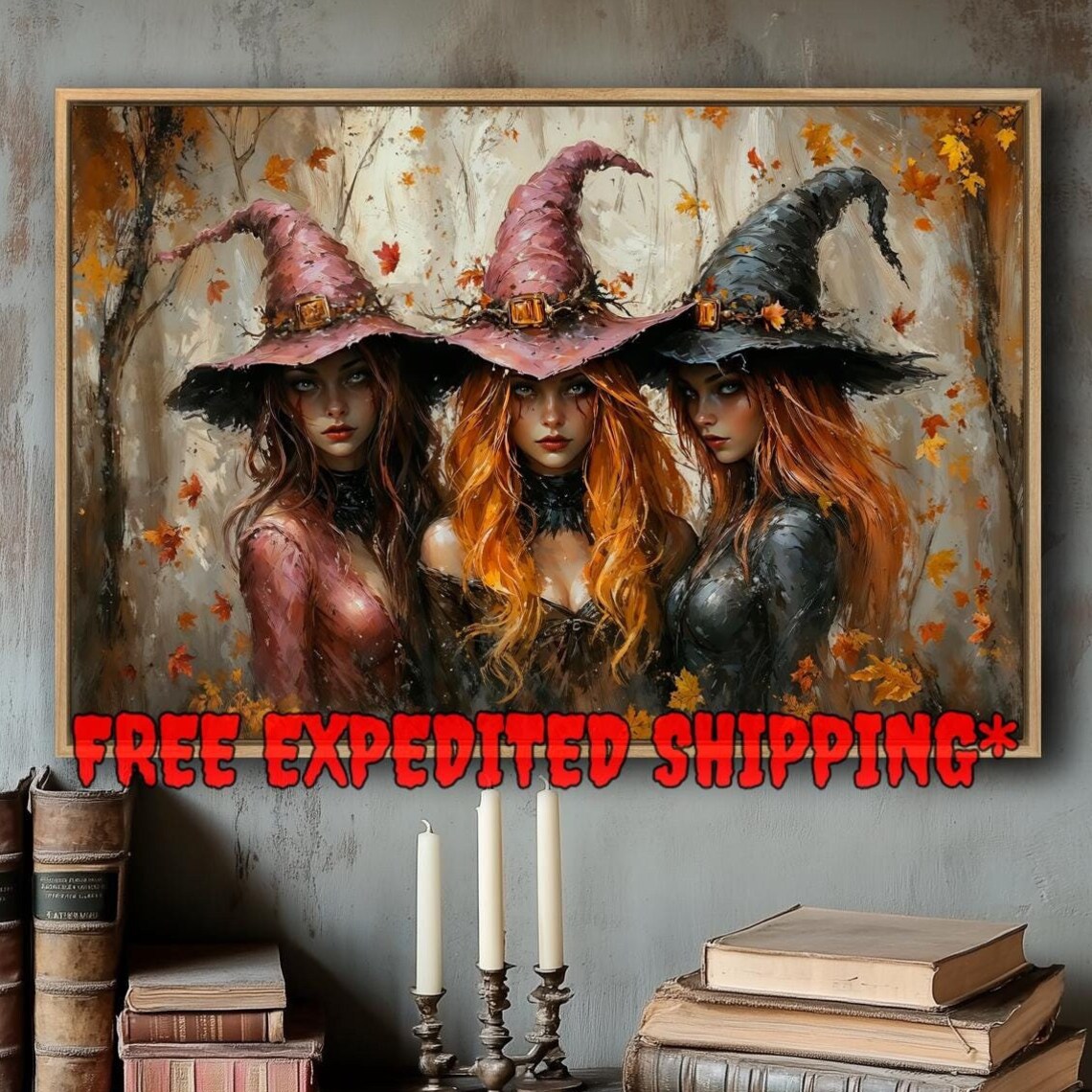 Trio Of Witches Halloween Art Print, Whimsical Autumn