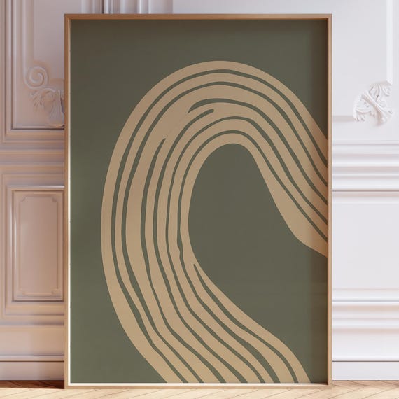 Sage Green Minimalist Abstract Wall Art Mid Century Modern Waves Print Contemporary Trendy