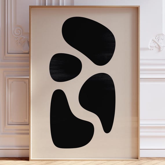 Modern Abstract Minimalist Print Black And Beige Wall Art Mid Century Apartment Decor Neutral Large