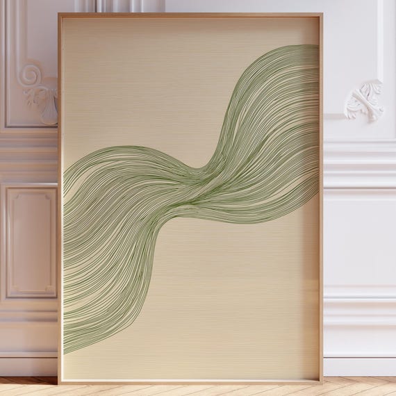 Green Minimalist Lines Art Flowing Abstract Print Wall Decor Mid Century Modern Apartment