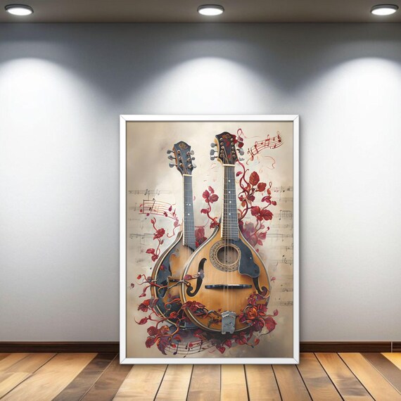 Twin Mandolins Sheet Music Red Florals Vintage Music Art Poster