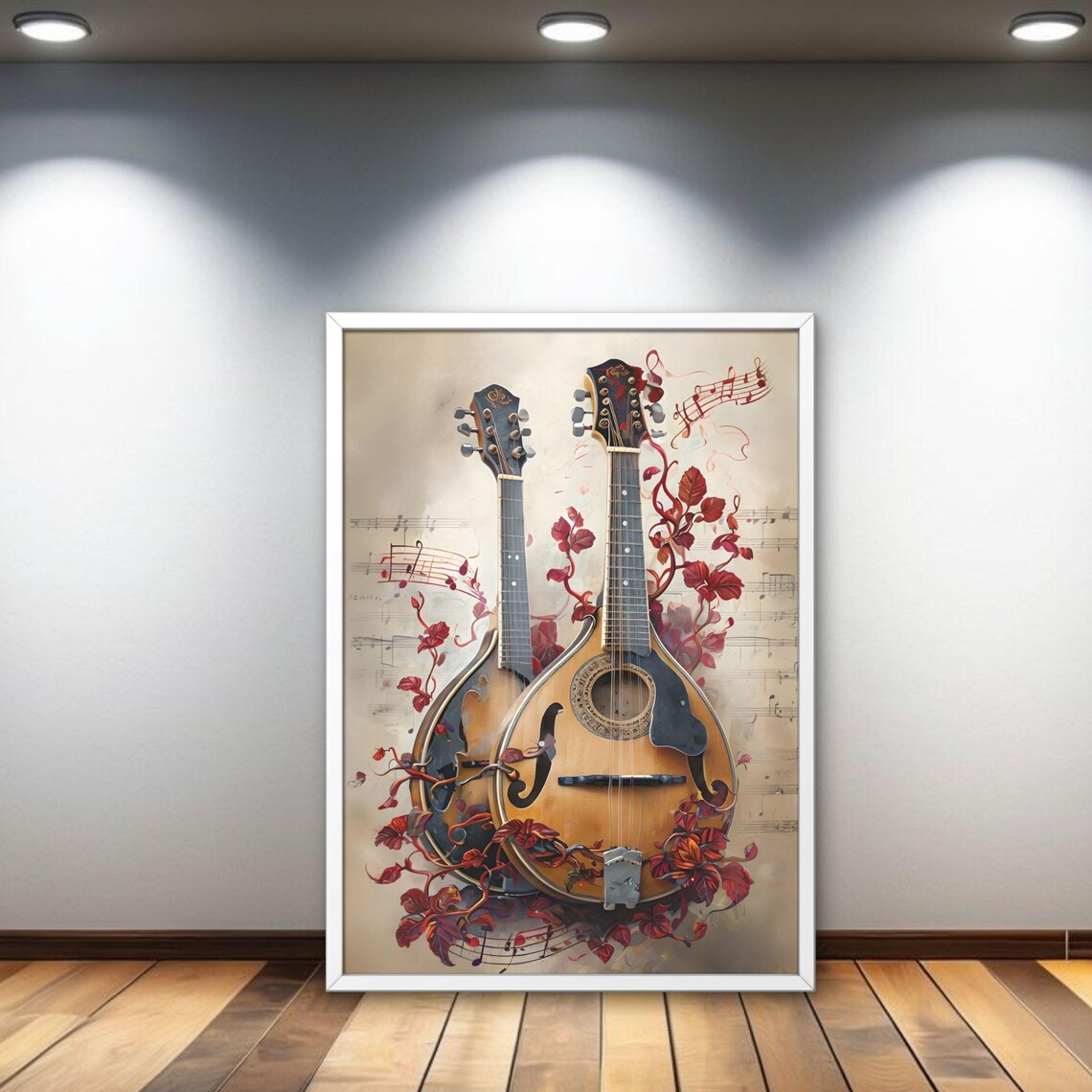 Twin Mandolins Sheet Music Red Florals Vintage Music Art Poster