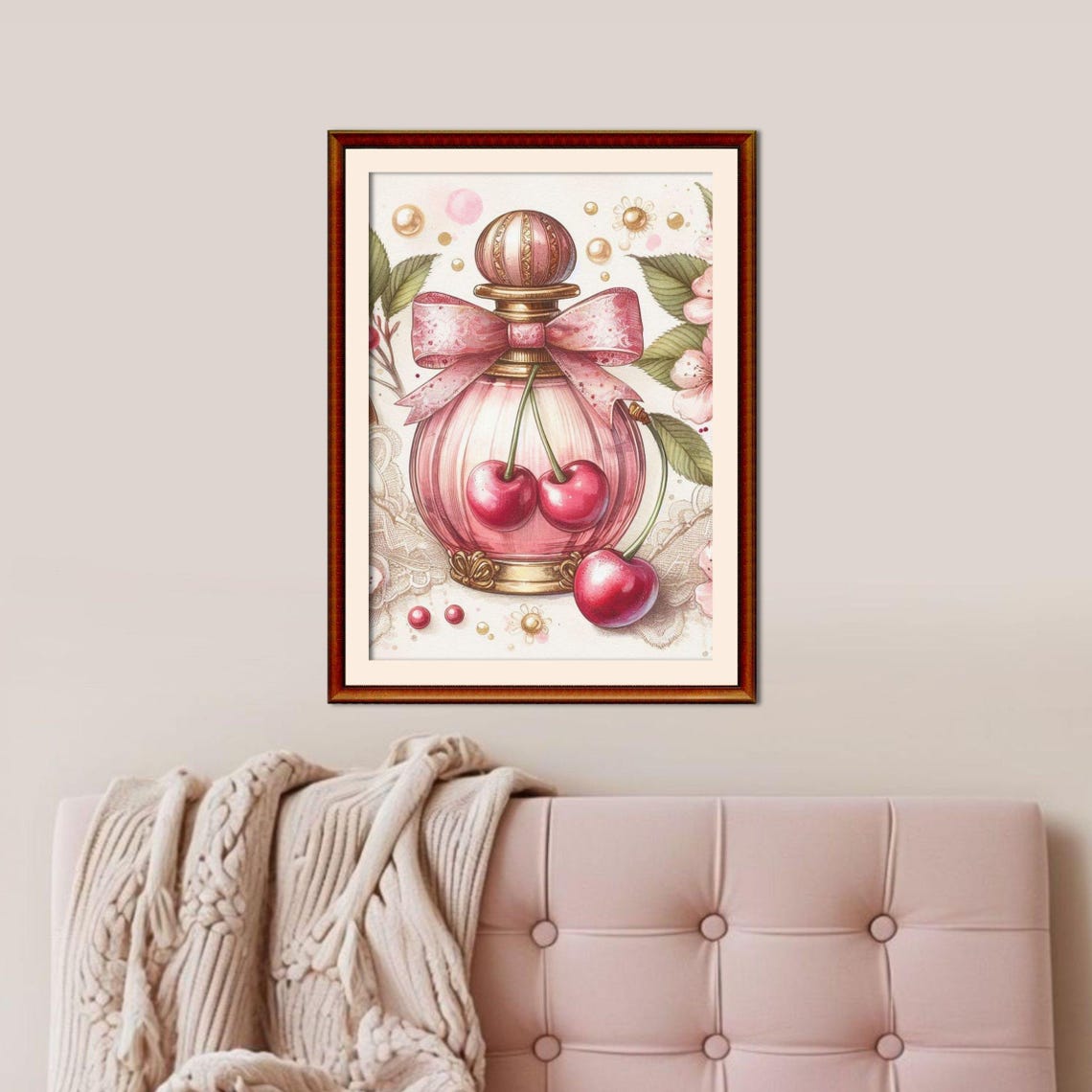 Pink Cherry Perfume Bottle with Bow Coquette Aesthetic Wall Art