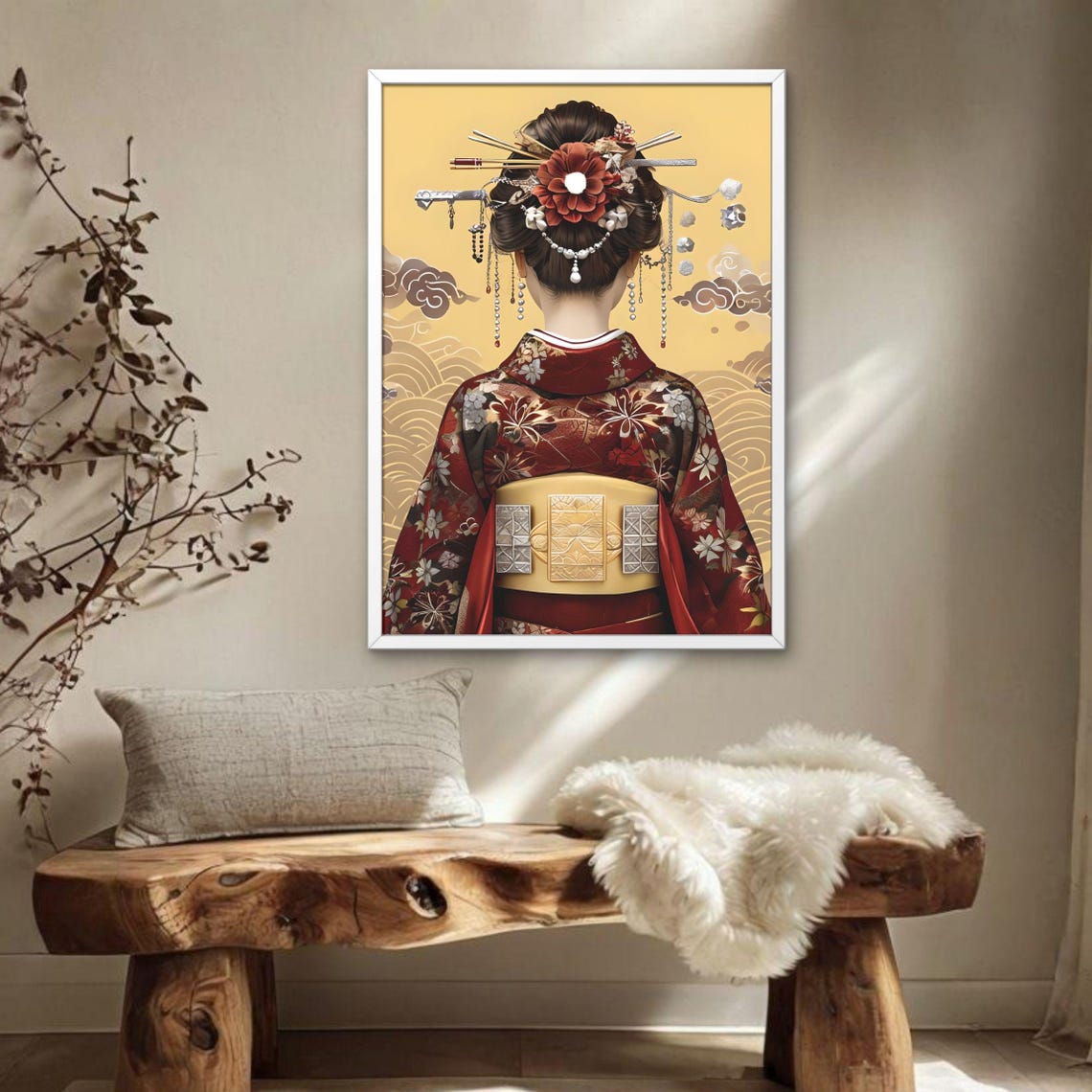 Japanese Geisha Red Kimono Gold Obi Back View Floral Asian Art Print