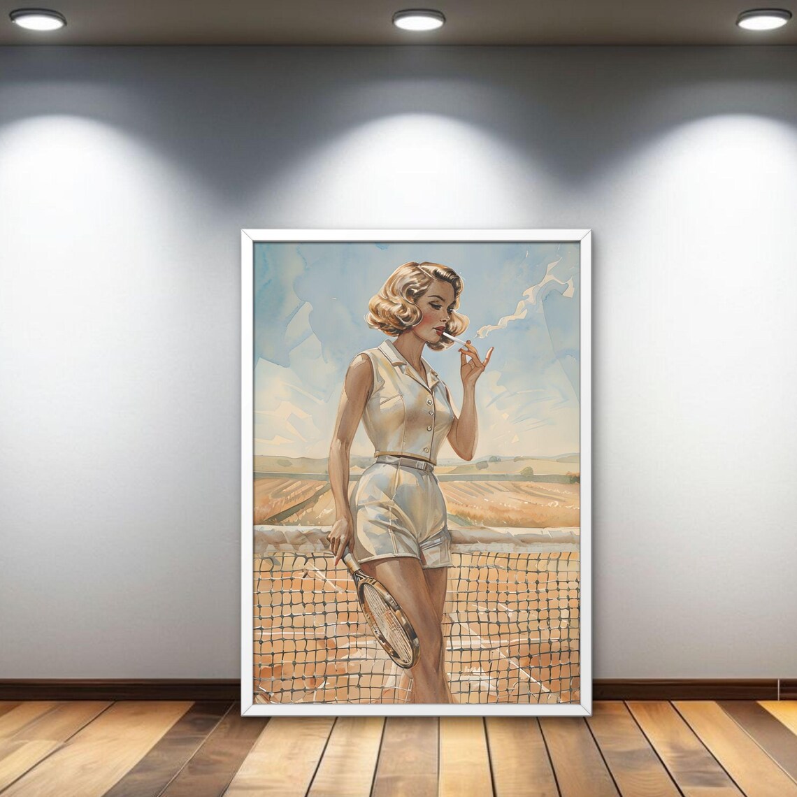 Vintage Tennis Player Woman Smoking Cigarette Retro Court Art Poster