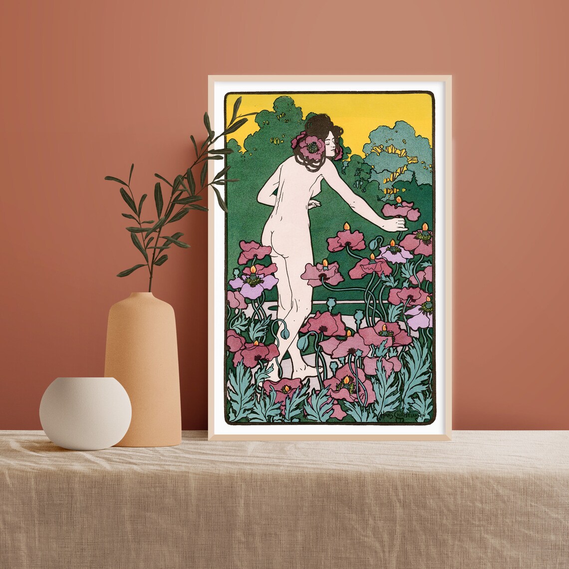 Woman Gathering Pink Poppies Art Nouveau Woodblock Floral Poster - Image 2