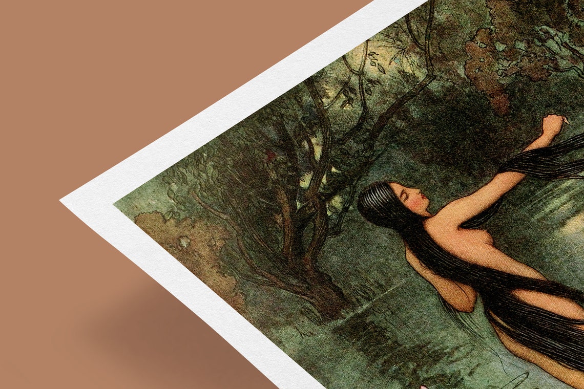 Woman With Long Black Hair Wading in a Moonlit Lily Pond Poster - Image 2