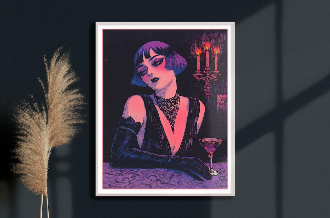 Retro Woodblock Woman at the Bar, Noir Art Print