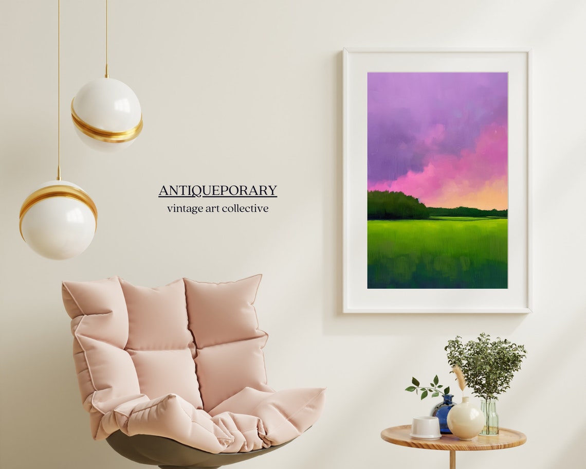 Abstract Green Meadow Sunset Sky Purple Modern Landscape Poster - Image 4