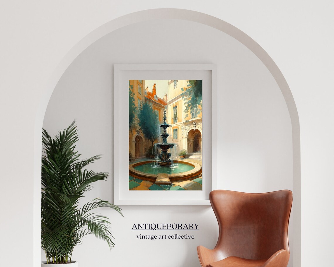 Sunlit European Courtyard Fountain Old Town Travel Painting Poster - Image 3