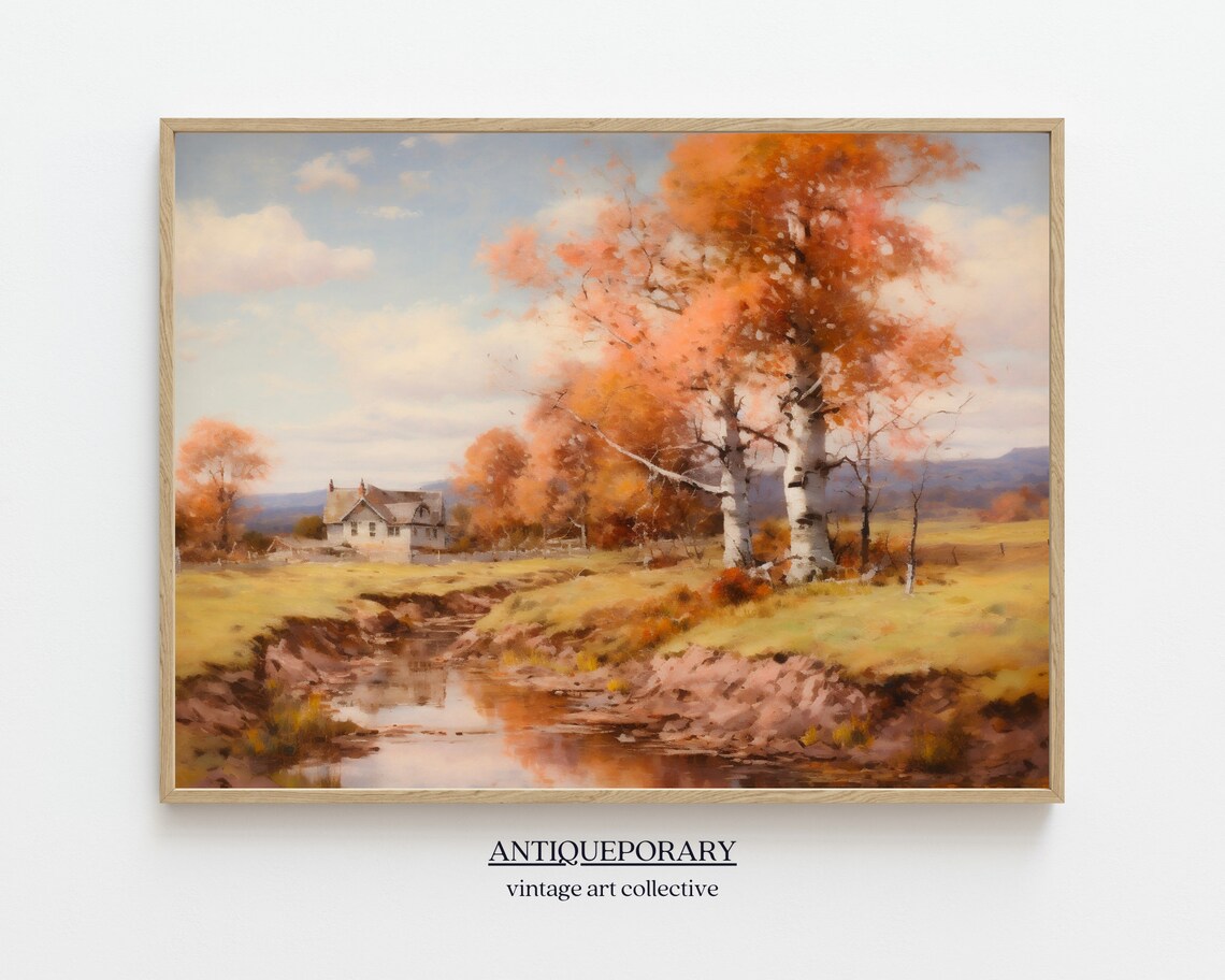 Autumn Birch Trees Stream Farmhouse Golden Fall Landscape Poster