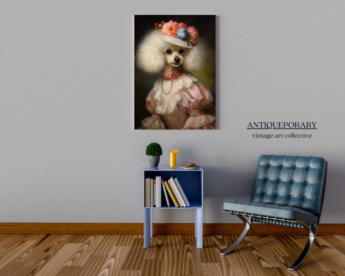 Poodle Lady in Pink Floral Dress and Rose Hat Portrait Poster - Image 4
