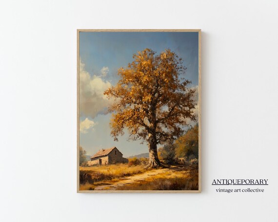 Golden Autumn Tree by Stone Cottage Vintage Pastoral Landscape Poster