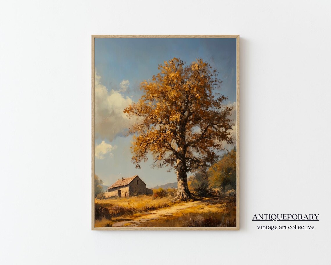 Golden Autumn Tree by Stone Cottage Vintage Pastoral Landscape Poster