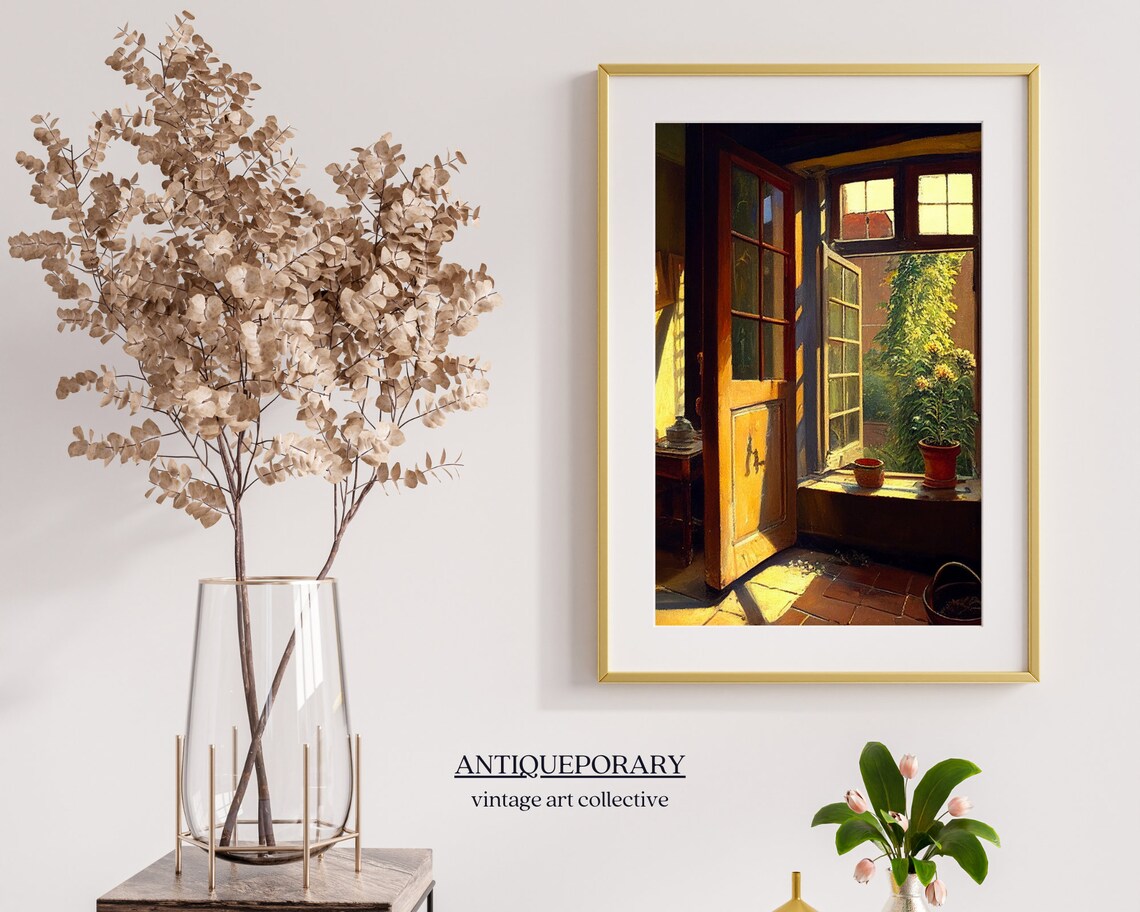 Sunlit Open French Doors Garden Interior Moody Vintage Painting Poster - Image 5
