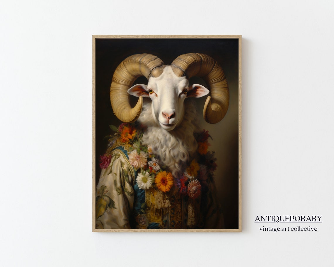 Ram with Curled Horns in Floral Robe and Flower Garland Poster