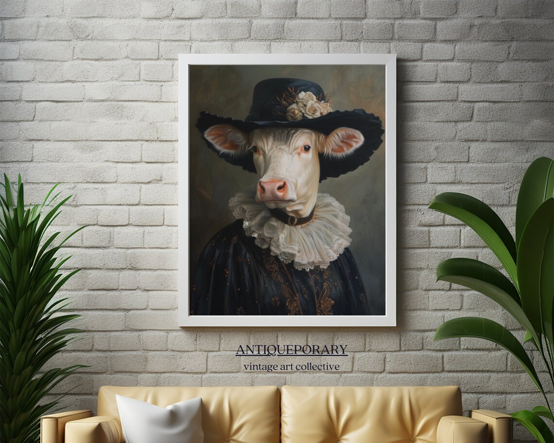 Elegant Lady Cow in Black Rose Hat Victorian Portrait Wall Art - Image 4