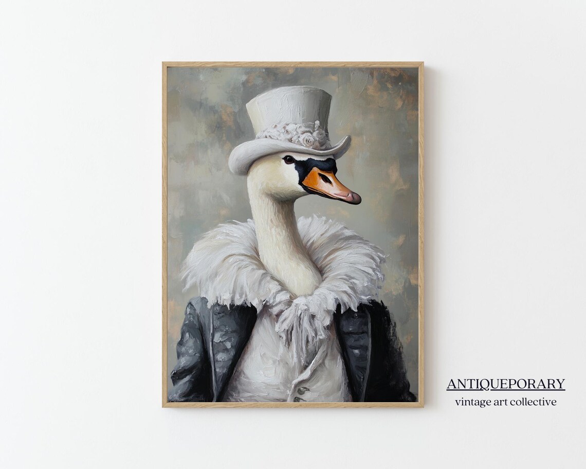 White Swan in Top Hat with Feathered Collar Vintage Portrait Poster