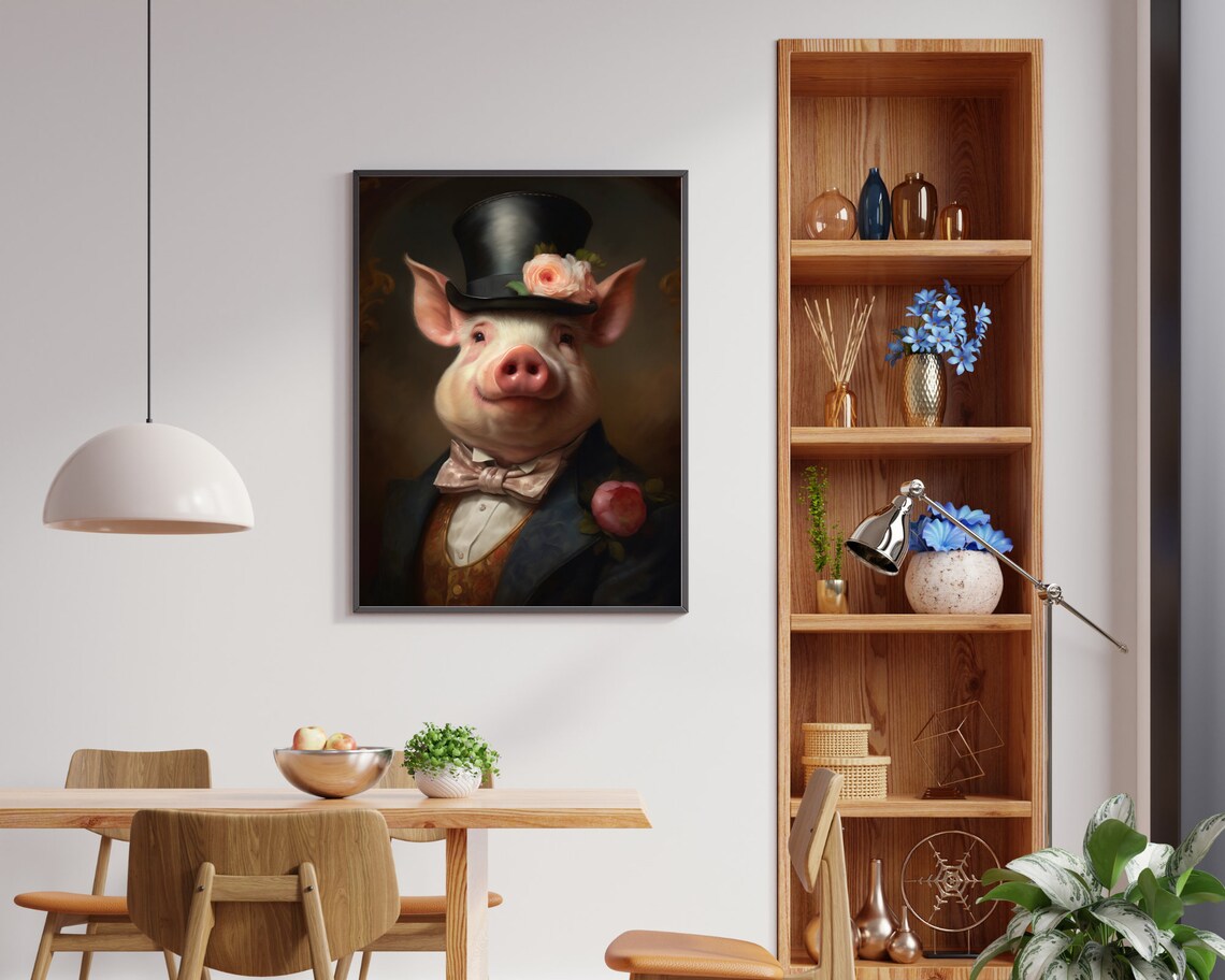 Cheerful Pig Gentleman in Top Hat with Rose Bow Tie Portrait Print - Image 4