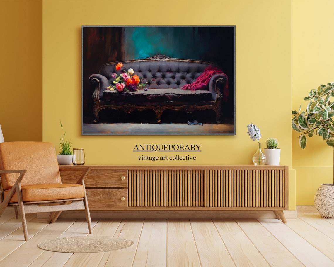 Vintage Antique Couch Oil Painting Dark Moody Still Life Painting Luxurious Vintage Interior Antique Oil Painting Vintage Art - Image 5