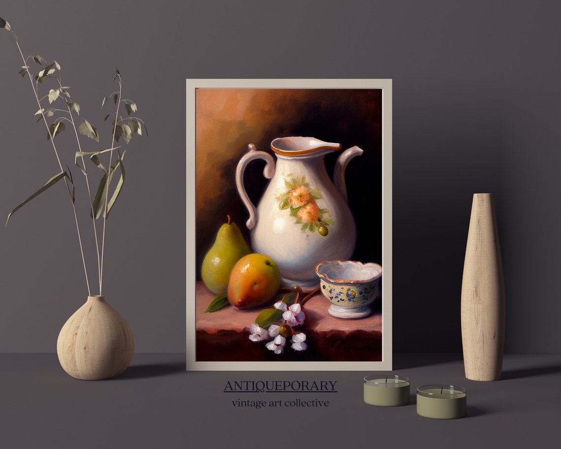Moody Ceramic Pitcher with Pear Citrus Berries Still Life Print - Image 3