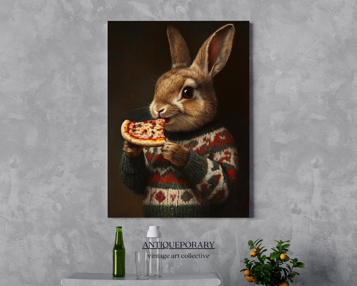 Bunny in a Christmas Sweater Happily Eating Pizza Funny Animal Poster - Image 5