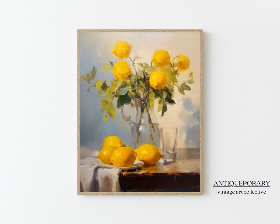 Sunny Lemon Branch Still Life in Glass Pitcher Vintage Poster