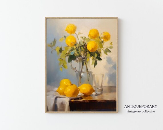Sunny Lemon Branch Still Life in Glass Pitcher Vintage Poster
