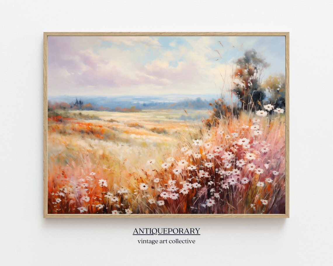 Wildflower Field Landscape Oil Painting Vintage Landscape Art Print Neutral Country Field Wall Art Rustic Farmhouse Decor Art